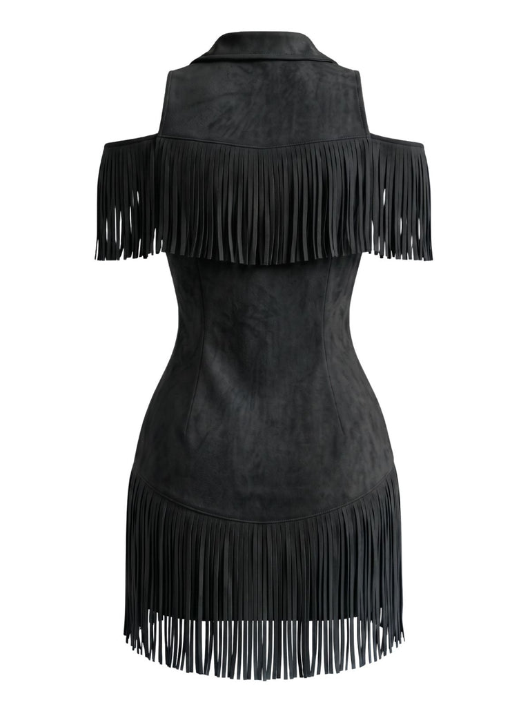 Robe à revers en daim, franges et épaules dénudées Années 1970