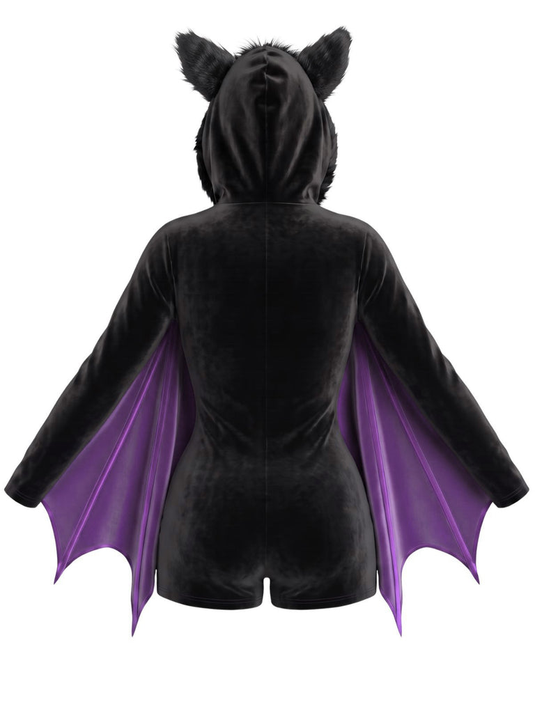 Combishort Bordeaux d’Halloween ailes de chauve-souris en Velours à Capuche années 1960