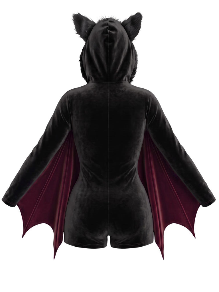 Combishort Bordeaux d’Halloween ailes de chauve-souris en Velours à Capuche années 1960