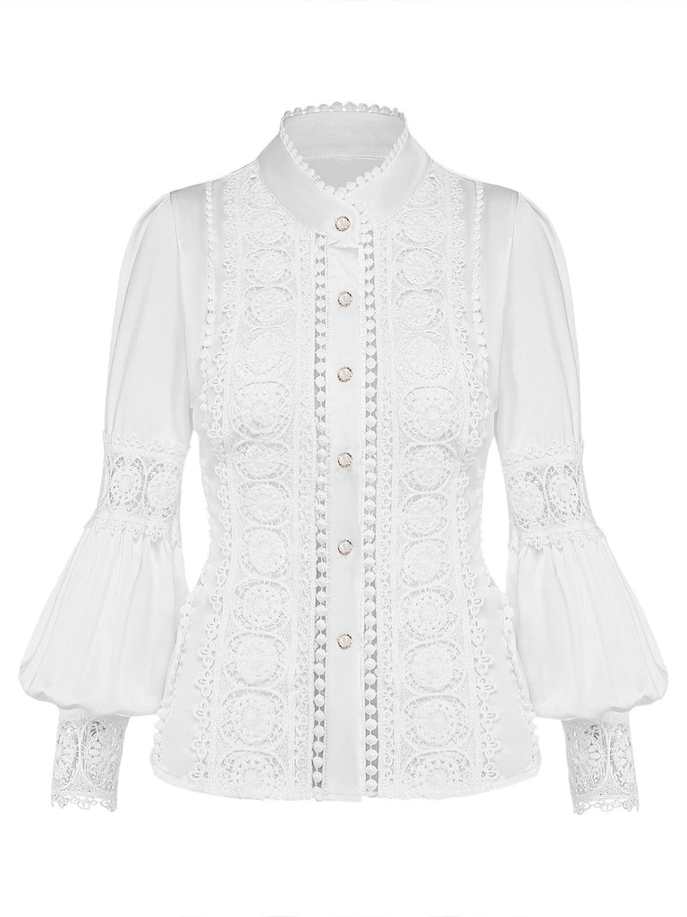 Blouse en dentelle à empiècements et manches ballon boutonnées années 1950 - 1