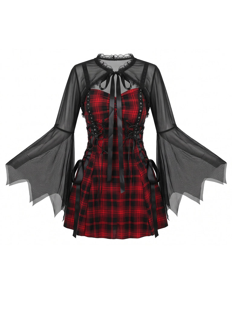 Robe d'Halloween carreaux et bretelles fines ensemble d'accessoires années 1950