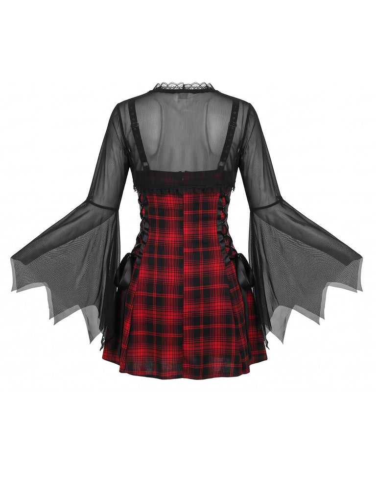 Robe d'Halloween carreaux et bretelles fines ensemble d'accessoires années 1950