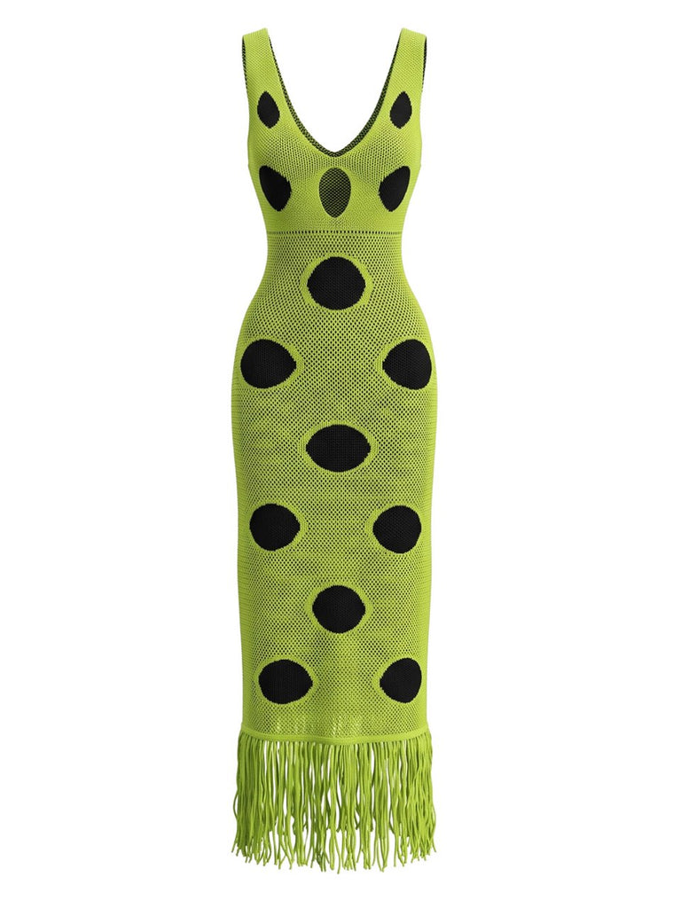 Robe à pois en maille ajourée, col V et franges années 1980