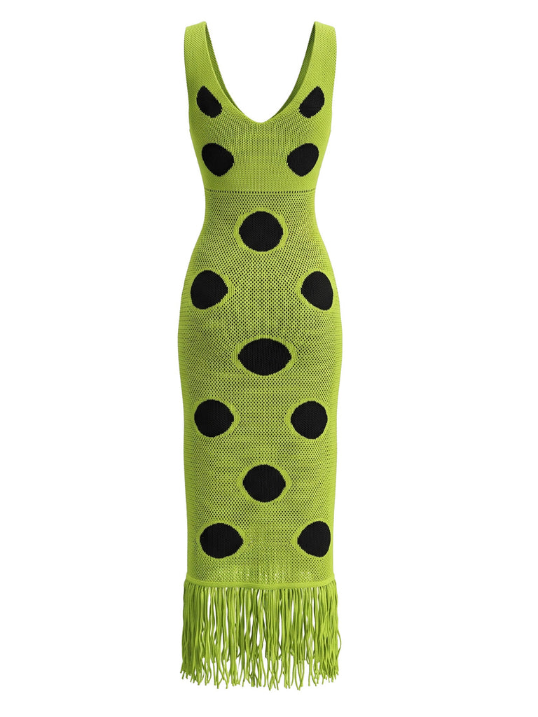 Robe à pois en maille ajourée, col V et franges années 1980