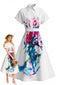 Robe chemise blanche manches courtes et boutons motif peinture l'huile années 50