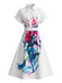 Robe chemise blanche à manches courtes, boutons et imprimé peinture à l’huile années 1950