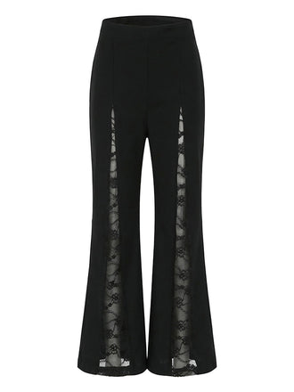 Pantalon évasé noir taille haute à empiècements de dentelle florale années 1950