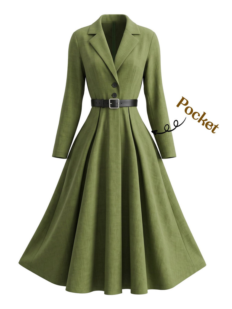 Robe vert olive manches longues col revers et ceinture années 50