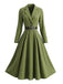 Robe vert olive à revers, manches longues et ceinture années 1950