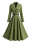 Robe vert olive manches longues col revers et ceinture années 50