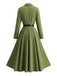 Robe vert olive à revers, manches longues et ceinture années 1950