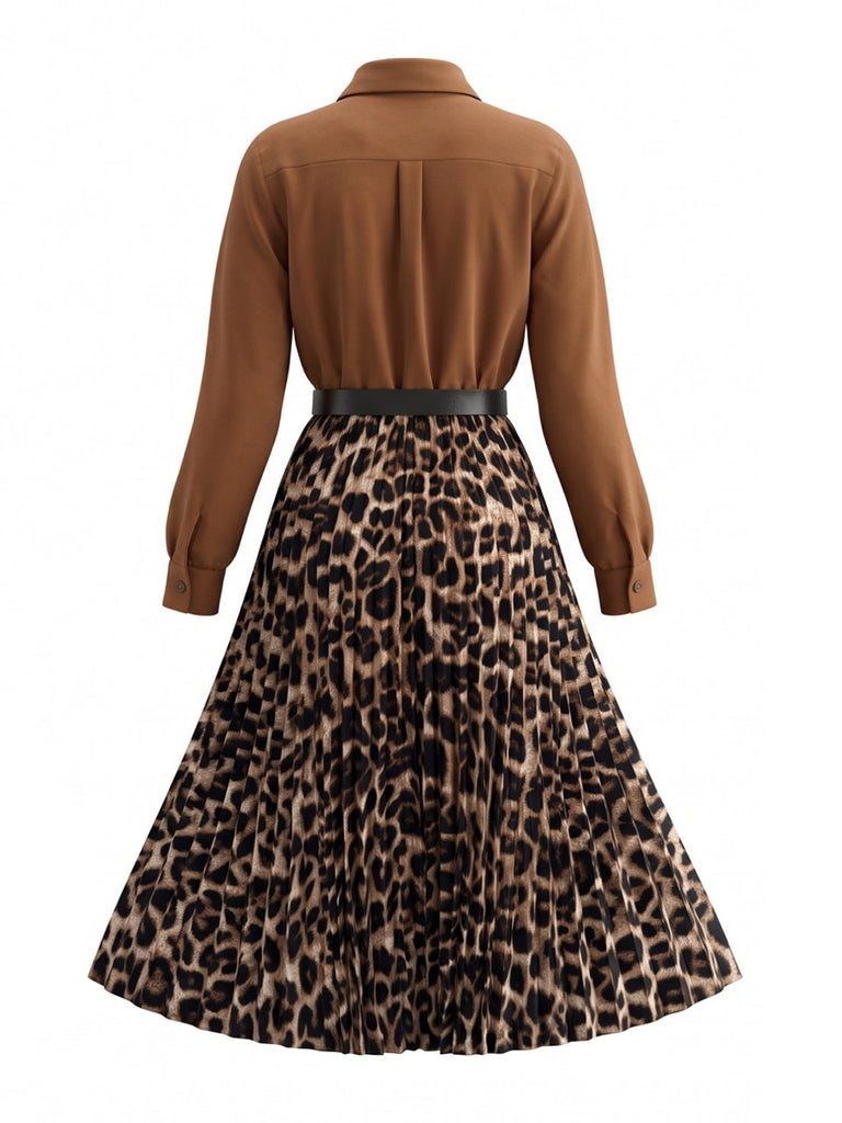 Robe chemise léopard plissée et ceinturée années 1950
