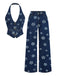 Ensemble deux pièces bleu en denim, haut et pantalon brodés de marguerites années 1970 - 2