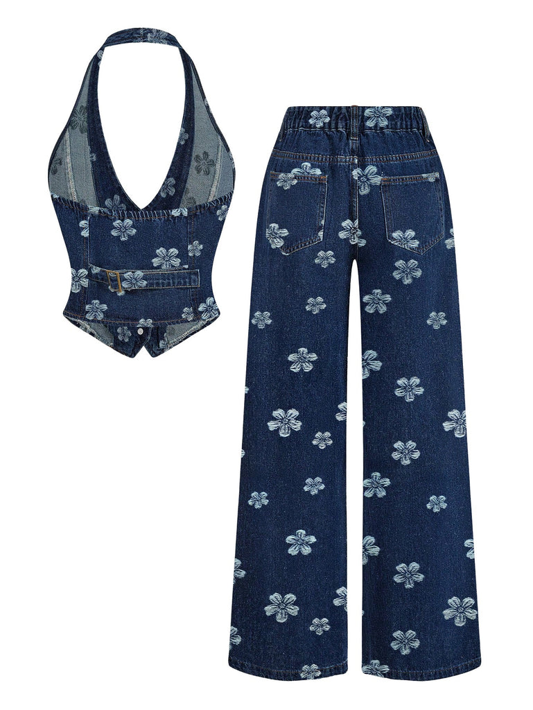 Ensemble deux pièces bleu en denim, haut et pantalon brodés de marguerites années 1970 - 3