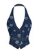 Ensemble deux pièces bleu en denim, haut et pantalon brodés de marguerites années 1970 - 4