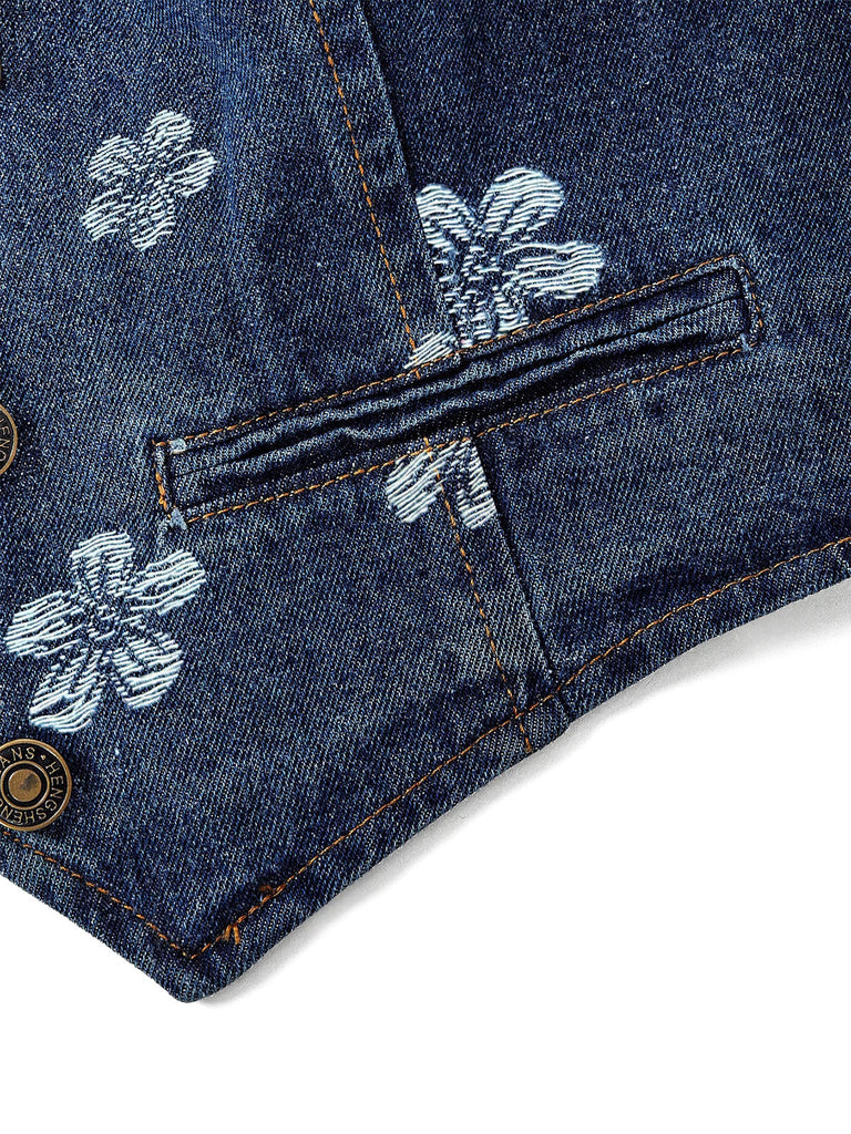 Ensemble deux pièces bleu en denim, haut et pantalon brodés de marguerites années 1970 - 6