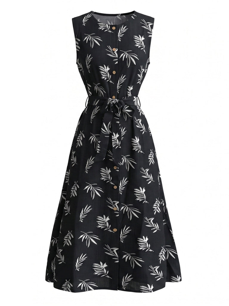 Robe ceinturée à col rond et motif de feuilles botaniques années 1950