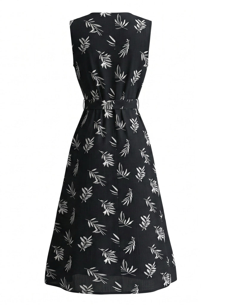Robe ceinturée à col rond et motif de feuilles botaniques années 1950