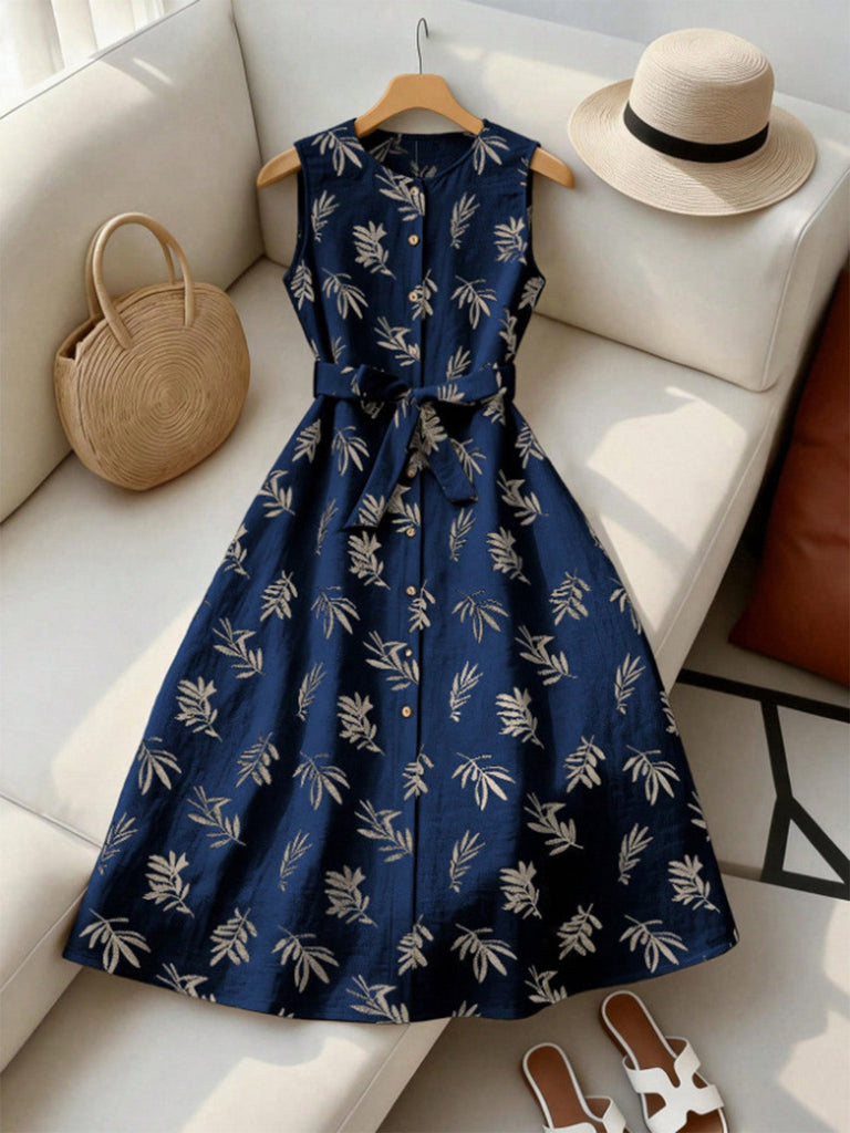 Robe ceinturée à col rond et motif de feuilles botaniques années 1950
