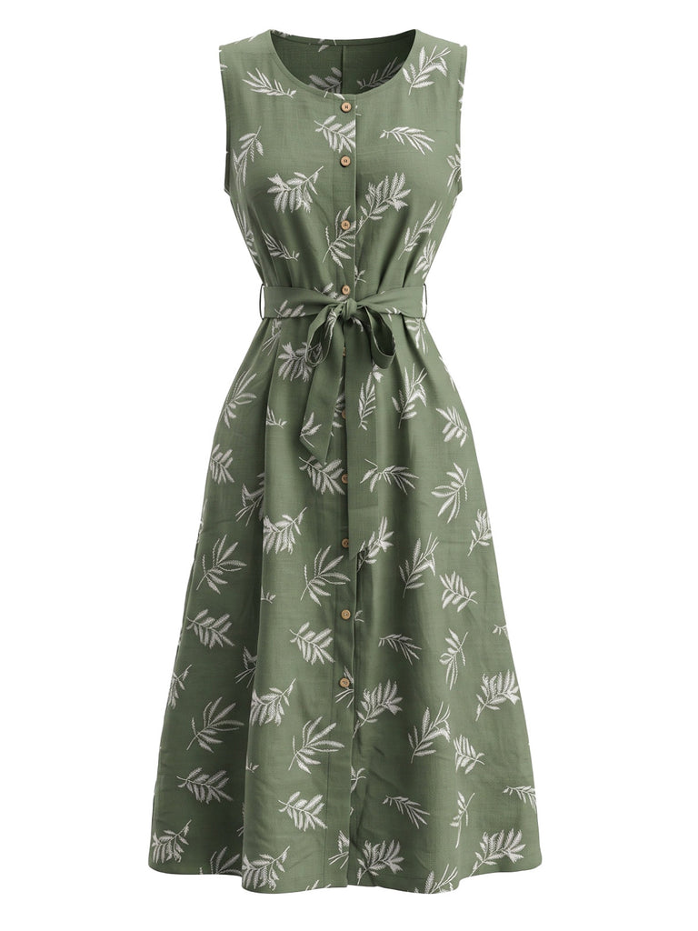 Robe ceinturée à col rond et motif de feuilles botaniques années 1950