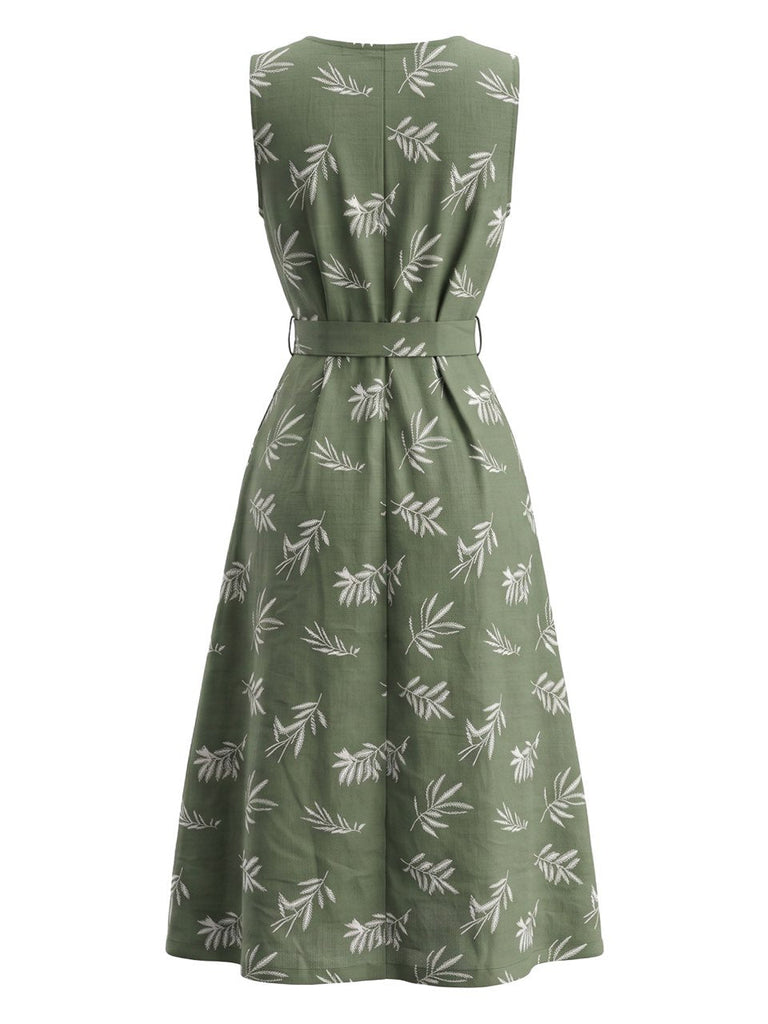 Robe ceinturée à col rond et motif de feuilles botaniques années 1950