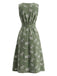 Robe ceinturée à col rond et motif de feuilles botaniques années 1950