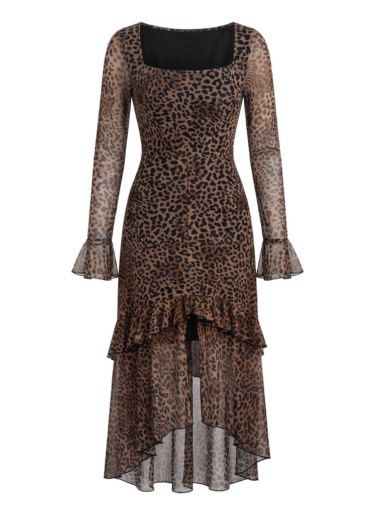 Robe café clair à motif léopard, manches longues et ourlet à volants années 1980 - 1
