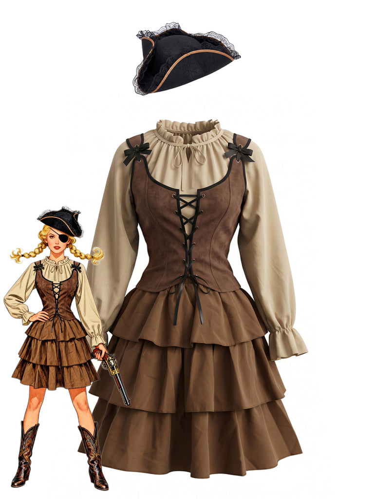 Ensemble costume de pirate médiéval à corset et volants étagés années 1980