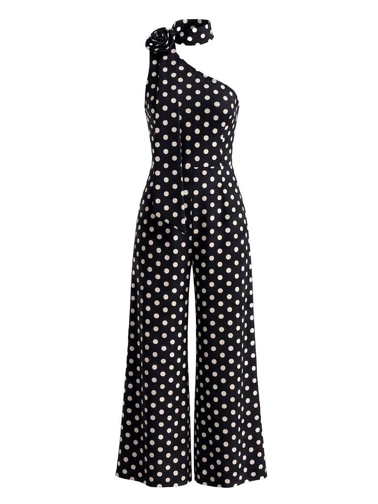 Combinaison à pois, dos nu Halter, liens et jambes larges années 1950