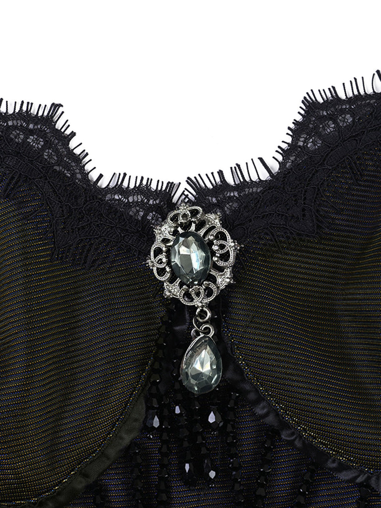Top caraco noir en dentelle à franges perlées dorées années 1960 - 3