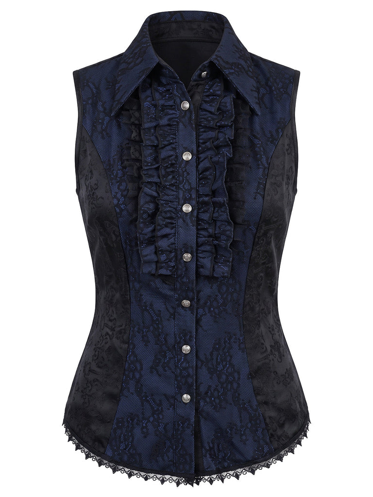 Blouse gothique bleu foncé en jacquard et dentelle à boutons années 1960