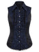 Blouse gothique bleu foncé en jacquard et dentelle à boutons années 1960