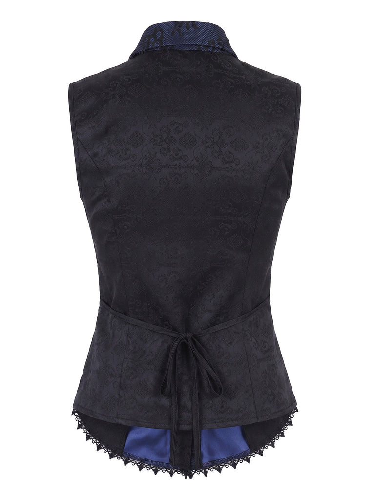 Blouse gothique bleu foncé en jacquard et dentelle à boutons années 1960