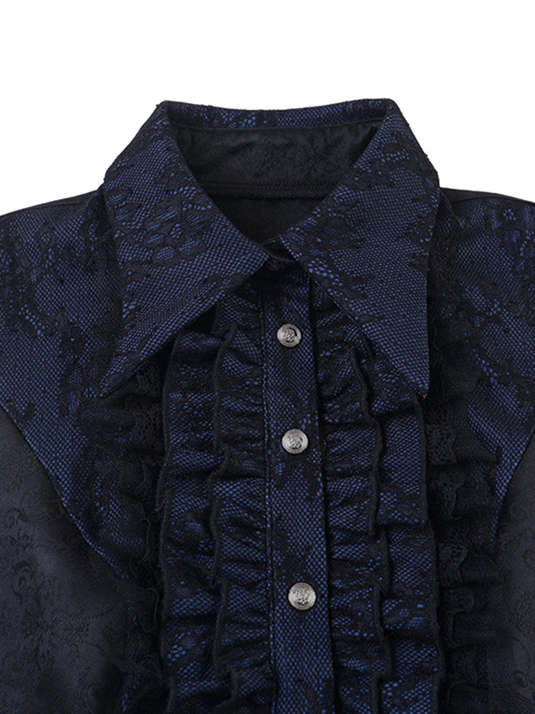 Blouse gothique bleu foncé en jacquard et dentelle à boutons années 1960