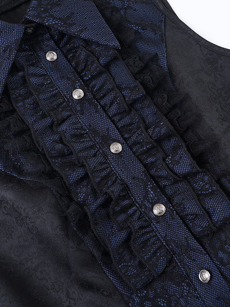 Blouse gothique bleu foncé en jacquard et dentelle à boutons années 1960