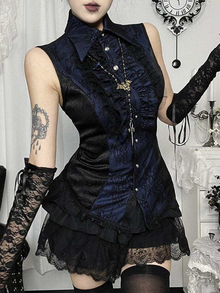 Blouse gothique bleu foncé en jacquard et dentelle à boutons années 1960