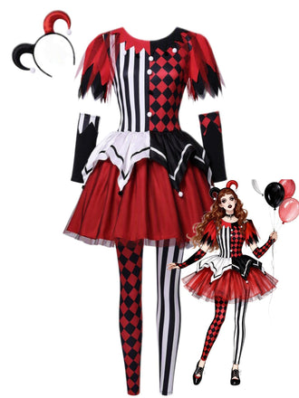 Ensemble robe rouge de clown d’Halloween à rayures et carreaux années 1940