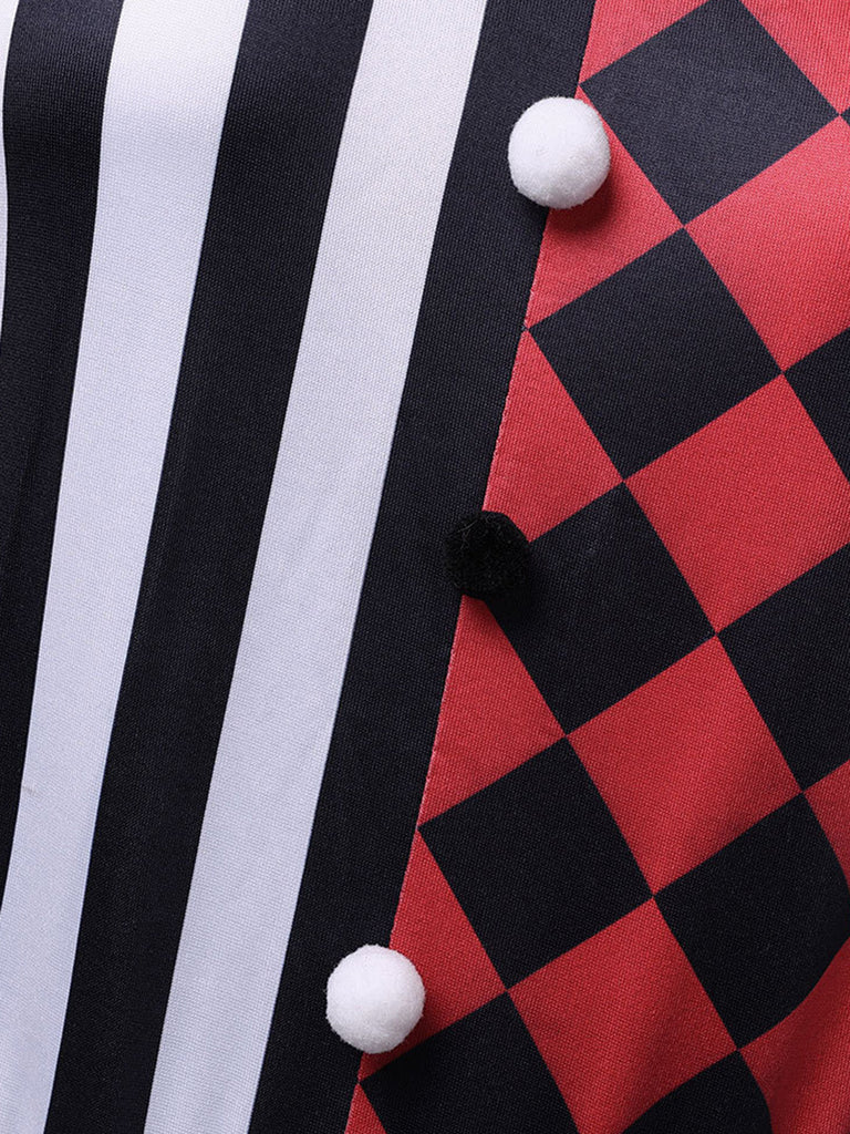Ensemble robe rouge de clown d’Halloween à rayures et carreaux années 1940