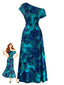 Robe cyan foncé à une épaule fleurs et fronces années 1970