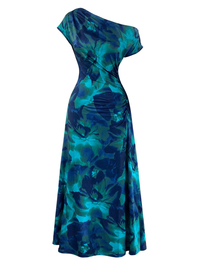 Robe cyan foncé asymétrique à une épaule, fleurs et fronces années 1970
