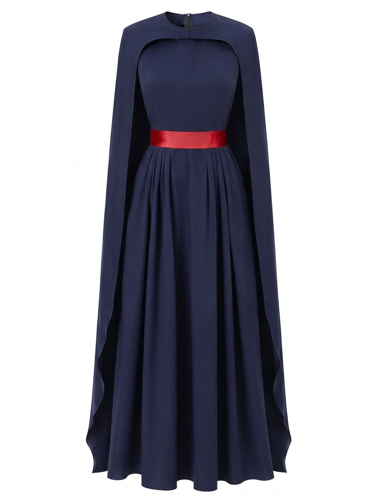 Robe bleu marine plissée de cosplay reine avec cape années 1970