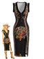 Robe midi noire à imprimé cachemire col V volants et fente années 1970