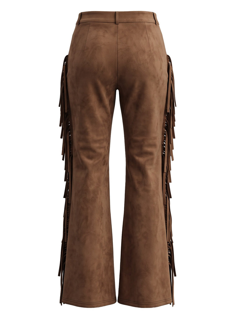 Pantalon évasé daim marron franges western années 1970