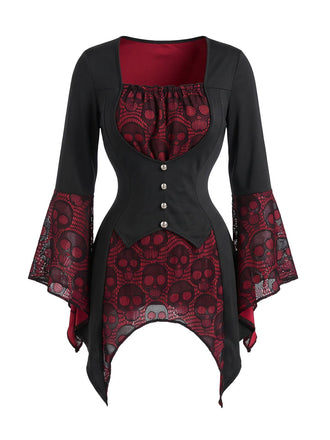 Top gothique à col carré, dentelle à crânes et manches évasées années 1970 - 2