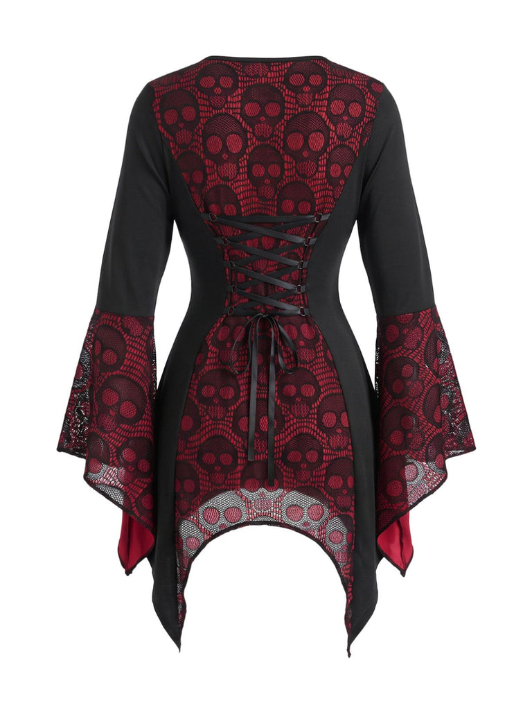 Top gothique à col carré, dentelle à crânes et manches évasées années 1970 - 3