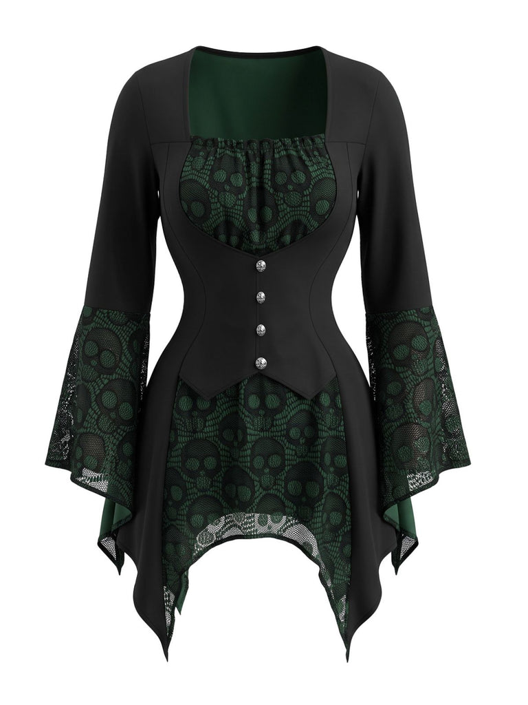Top gothique à col carré, dentelle à crânes et manches évasées années 1970 - 4