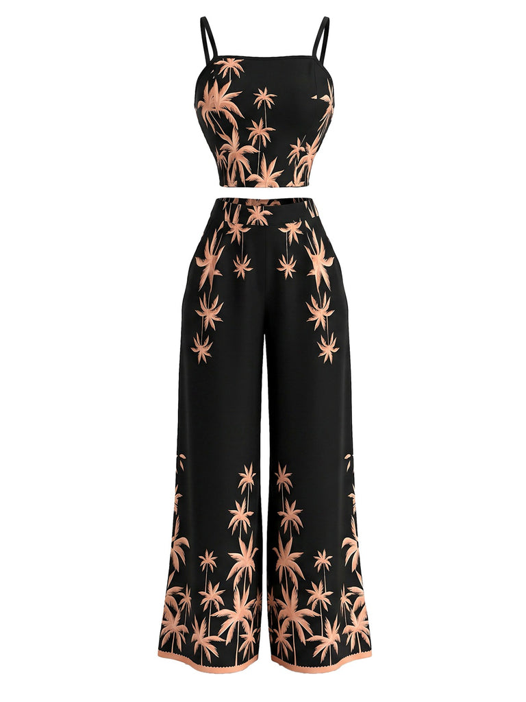 2PCS Ensemble haut et pantalon noir motif palmiers tropicaux années 1970