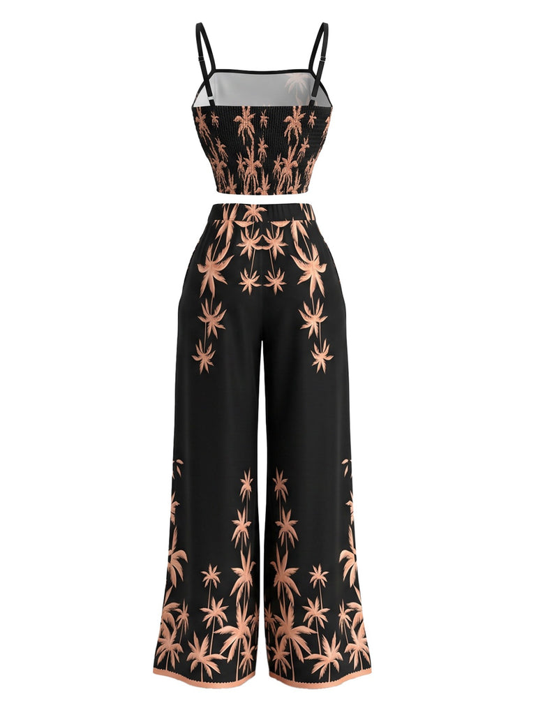 2PCS Ensemble haut et pantalon noir motif palmiers tropicaux années 1970