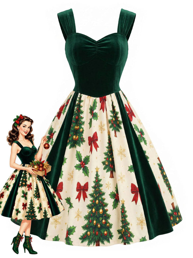 [Prévente] Robe verte velours motif sapin de Noël années 1950