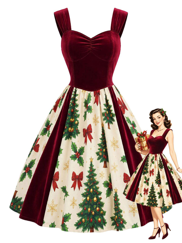 [Prévente] Robe rouge velours motif sapin de Noël années 1950